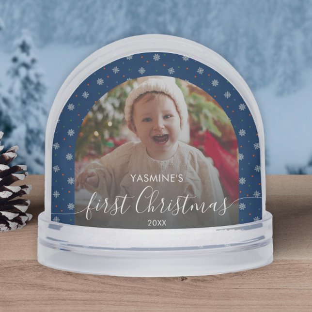 Primeras copas de nieve de Navidad para el bebé (Personalized blue snowflakes Baby's first Christmas keepsake with custom photo and text)