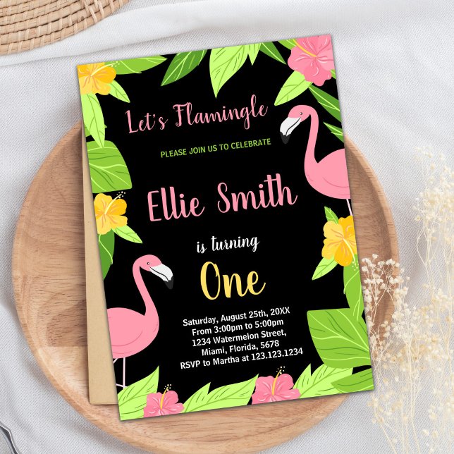 Primeras invitaciones de cumpleaños de flamingo ve (First Black Green Flamingo Birthday Invitations)