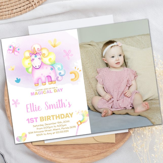 Primeras invitaciones de cumpleaños de Unicornio p (Purple First Unicorn Birthday Invitations w photo)