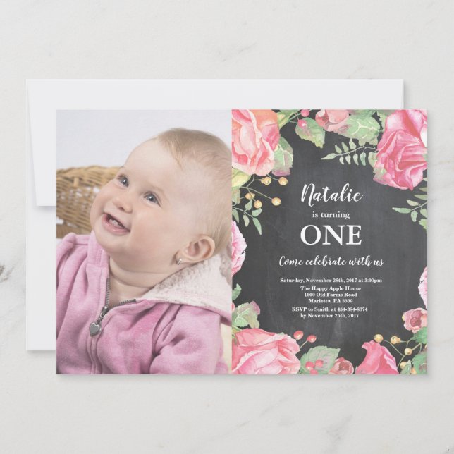Primero 1r rosa de la invitación del cumpleaños (Anverso)