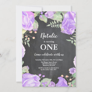 Primero floral púrpura de la 1ra invitación del