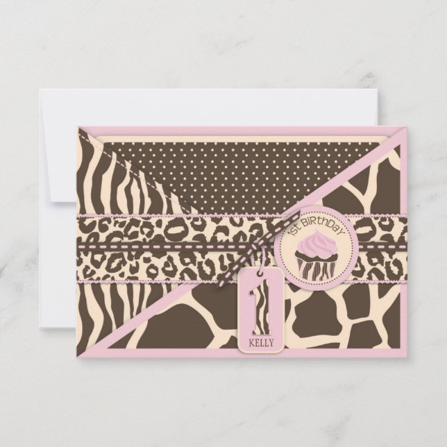 Primeros cumpleaños de Safari Rosa y Pastel RSVP (Anverso)