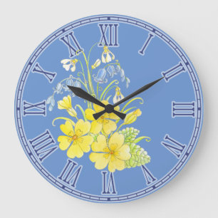 Primula, bluebells, reloj de pared floral de los