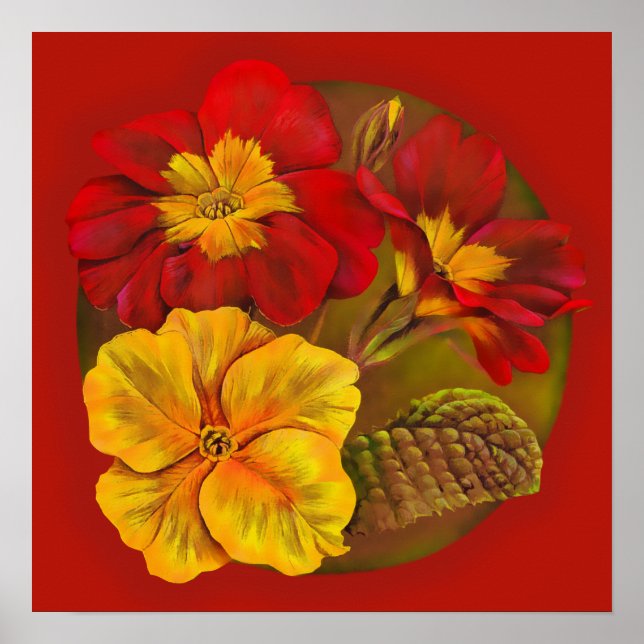 Primula poster botánico de arte fino rojo y amaril (Frente)