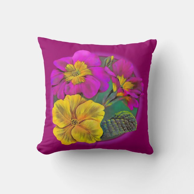 Primula púrpura y amarilla almohada de lanzamiento (Anverso)