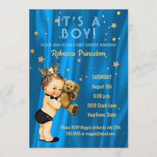 Prince Boy Baby Shower Invitación Blue Gold Stars