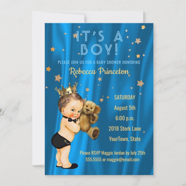 Prince Boy Invitación Baby Shower Estrellas de oro (Anverso)