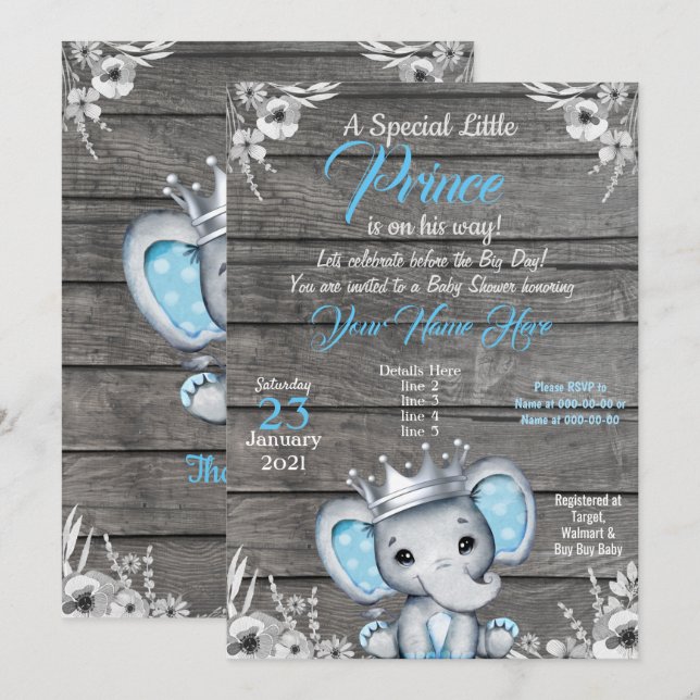 Prince Elephant Baby Shower Invitación Silver Blue (Anverso / Reverso)
