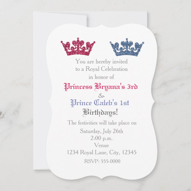 Prince & Princess Crowns Twins Party Invitación (Anverso)