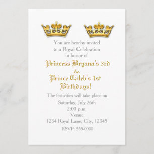 Prince Princess Gold Crowne Twins Party Invitación