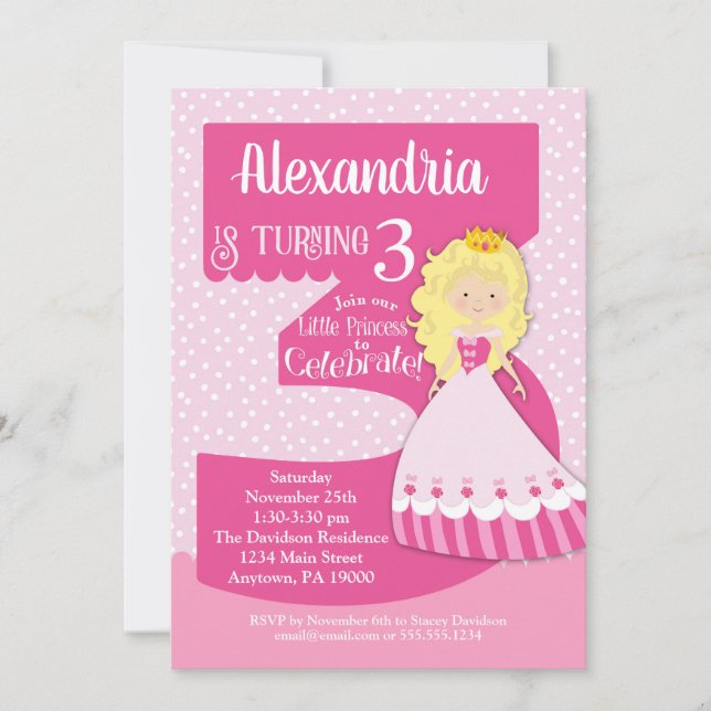 Princesa 3 Invitación de cumpleaños Chica (Anverso)