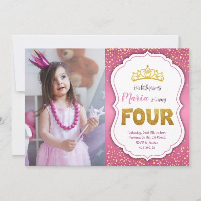 Princesa Confetti de Oro 4 Invitación de cumpleaño (Anverso)