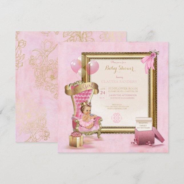 Princesa Crown Gold Pink de la invitación de Baby (Anverso / Reverso)