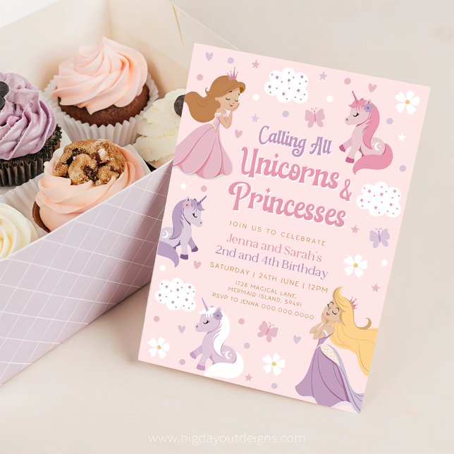Princesa de Invitación de Cumpleaños Doble. Unicor (Princess and Unicorn Pink Joint Birthday Invitation)