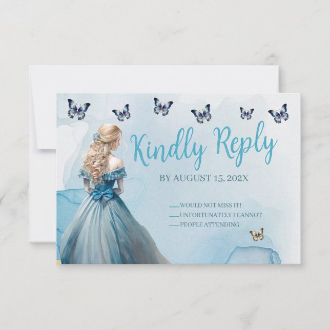 Princesa de mariposa dorada azul Quinceañera RSVP (Anverso)