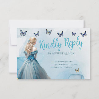 Princesa de mariposa dorada azul Quinceañera RSVP