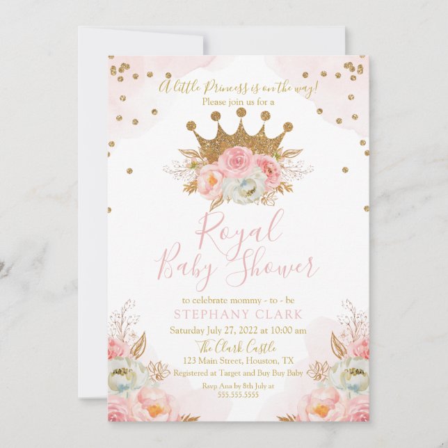 Princesa Floral Rosa & Gold Invitación Baby Shower (Anverso)