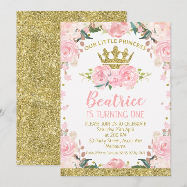 Princesa Floral Rosa Invitación a primer cumpleaño (Anverso / Reverso)