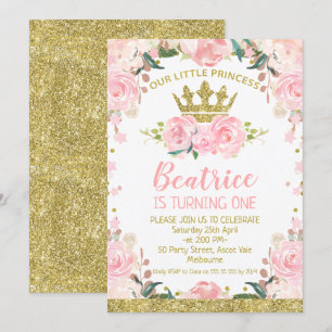 Princesa Floral Rosa Invitación a primer cumpleaño