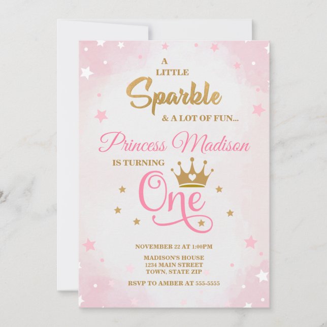 Princesa Invitación al primer cumpleaños, rosa y o (Anverso)