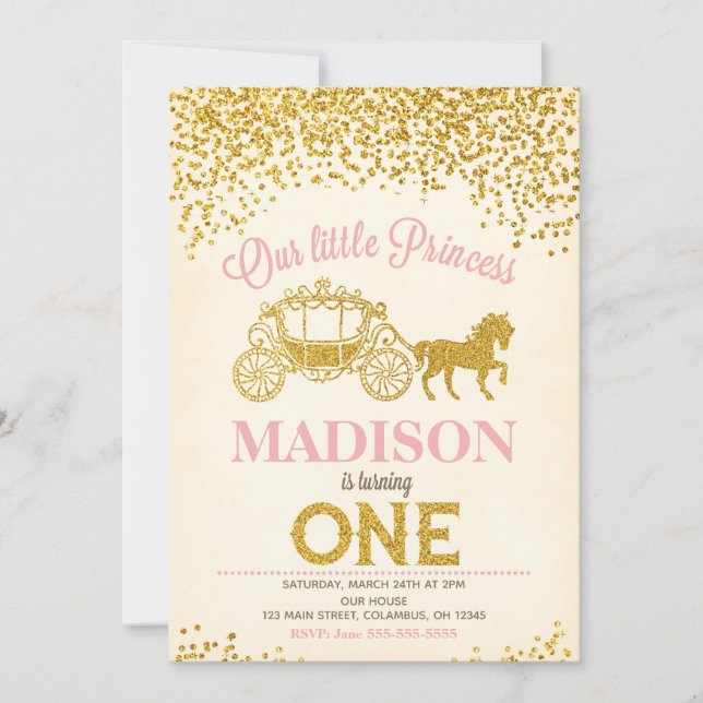 Princesa Primer cumpleaños Invitación / Purpurina (Anverso)