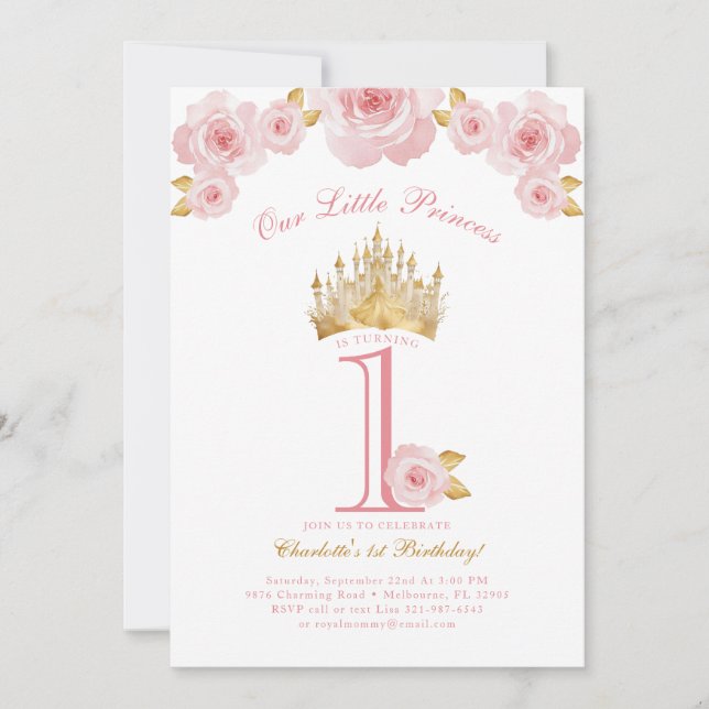 Princesa Rosa y Oro Invitación al primer cumpleaño (Anverso)