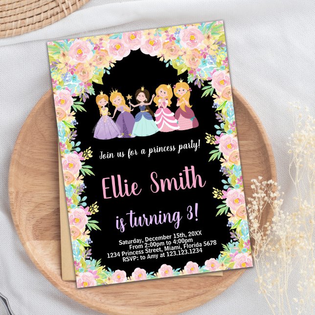 Princesas negras rosadas invitaciones de cumpleaño (Pink Floral Black Princesses Birthday Invitation)