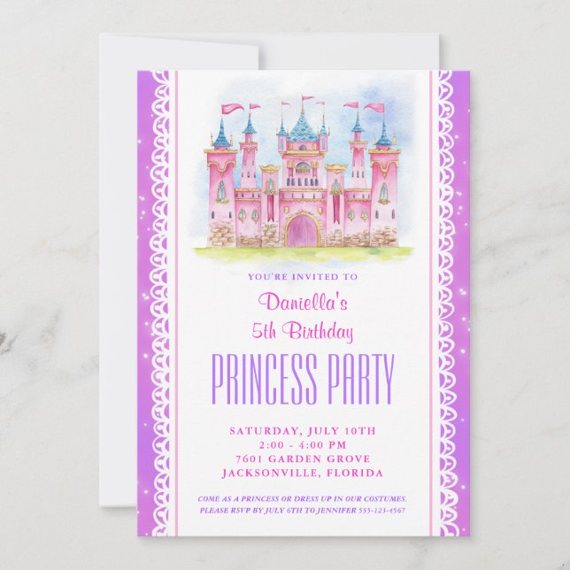 Princess Castle Invitación al cumpleaños Morado (Anverso)