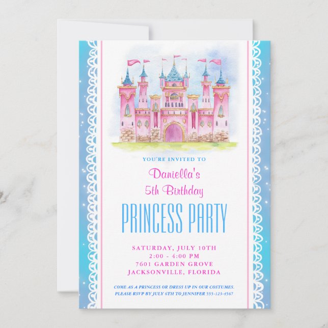 Princess Castle Invitación de cumpleaños Azul (Anverso)