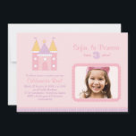 Princess Invitación de la Fiesta de Cumpleaños<br><div class="desc">Una invitación elegante de la fiesta real para su pequeña princesa! Incluye un castillo, un espacio para una fotografía de su hijo, y un texto personalizado. Los colores son de color rosa, púrpura, amarillo y blanco. La púrpura de la lila y el modelo de vestido blanco de los guisantes en...</div>