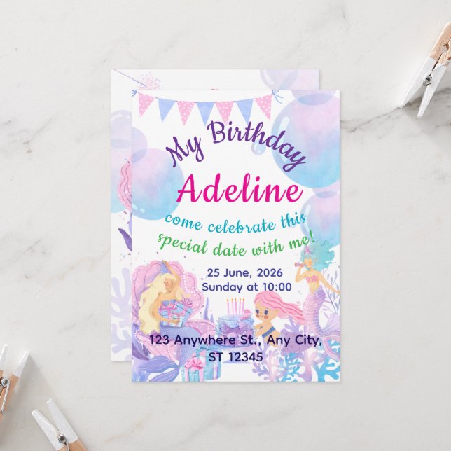 Princess & Mermaid Birthday Invitation Card (Anverso/Reverso In Situ)
