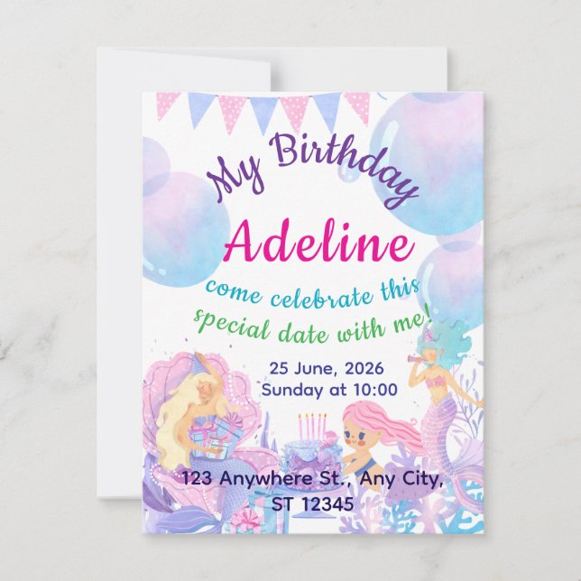 Princess & Mermaid Birthday Invitation Card (Anverso)