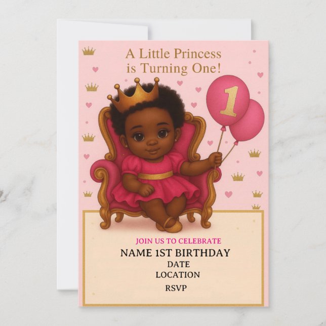 Princess Pink & Gold 1st Birthday Invitation (Anverso)