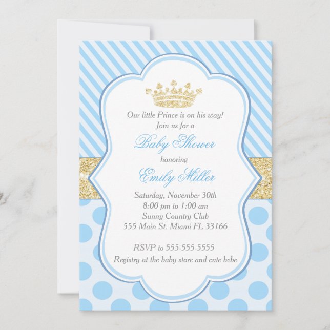 Príncipe Baby Shower Invitación Purpurina Blue Gol (Anverso)