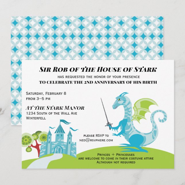 Príncipe turquesa y niño verde Invitación al cumpl (Anverso / Reverso)