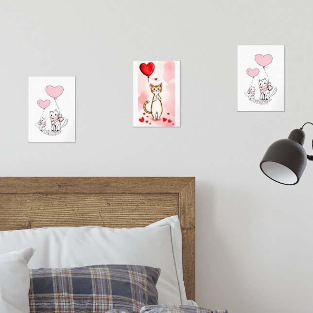 Print Set  Cat Red & Pink Hearts (Dormitorio)