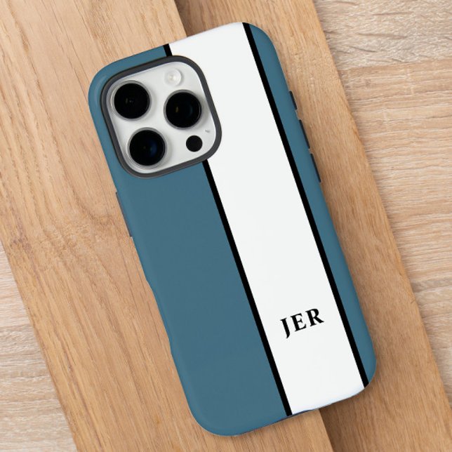 Pro Funda para iPhone 16 con Monograma Moderno | Franj (Modern Minimalist Stripes Monogram Initials Blue Case-Mate iPhone Case)