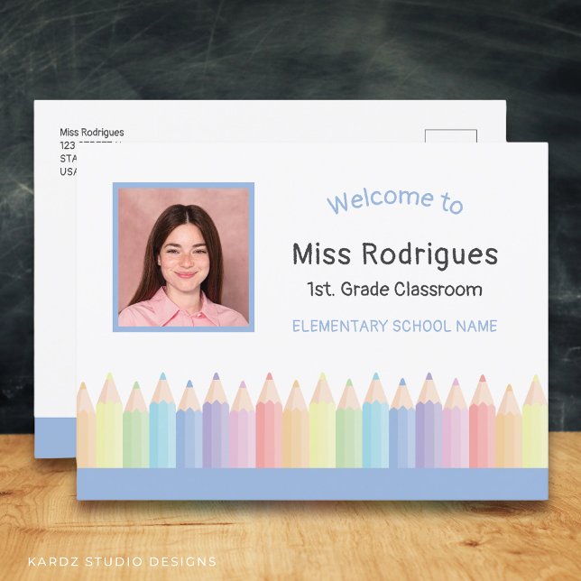 Profesora de Arcoiris Bienvenidos A Postales Escol (Add your photo, edit grade, name, and school. Info and message on the back.)