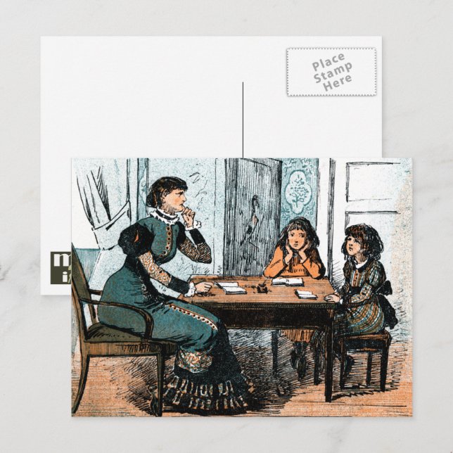 Profesora y estudiantes. Postales de arte vintage (Anverso / Reverso)