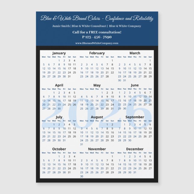 Professional Blue White Black 2026 Calendar Magnet (Anverso)