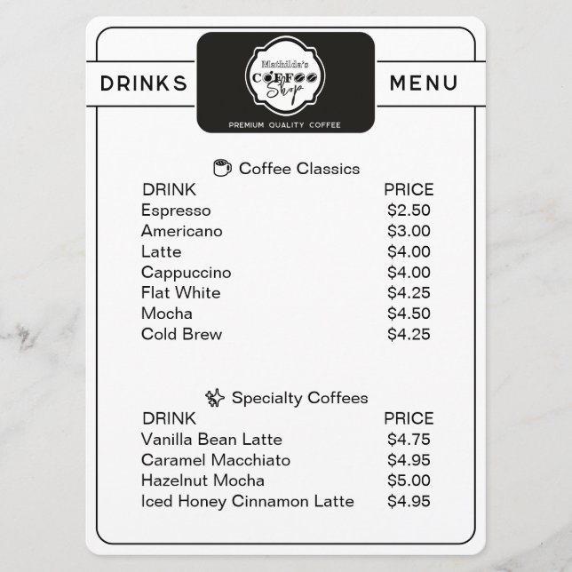 Professional Coffee Shop Personalized Drinks Menu (Anverso)