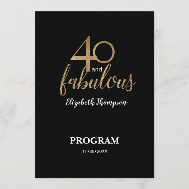 Programa 40 and fabulous 40th Birthday Gold Glitter Black (Anverso)