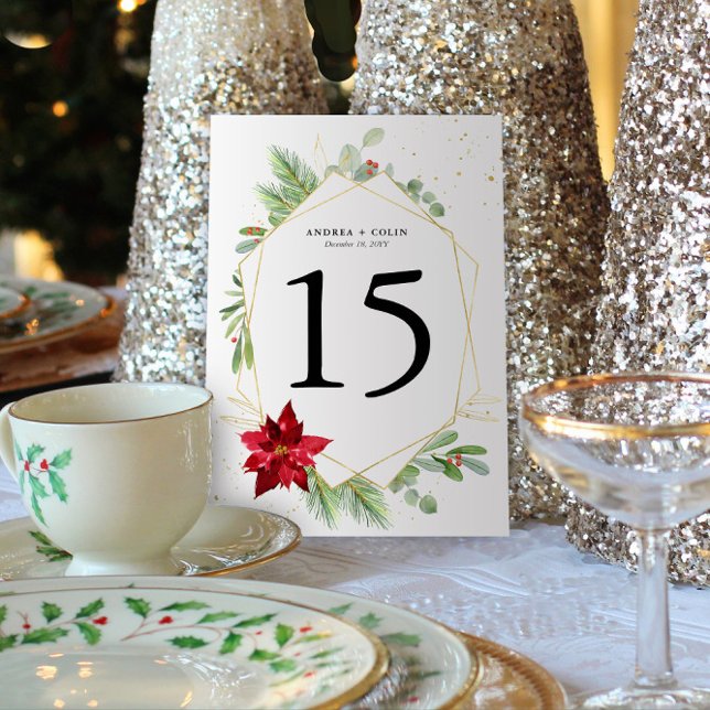 Programa 5 x 7 Acuarela Vegetación de vacaciones Número de  (Christmas Holiday Wedding Table Numbers with Holiday Greenery and Red Poinsettia (5x7))