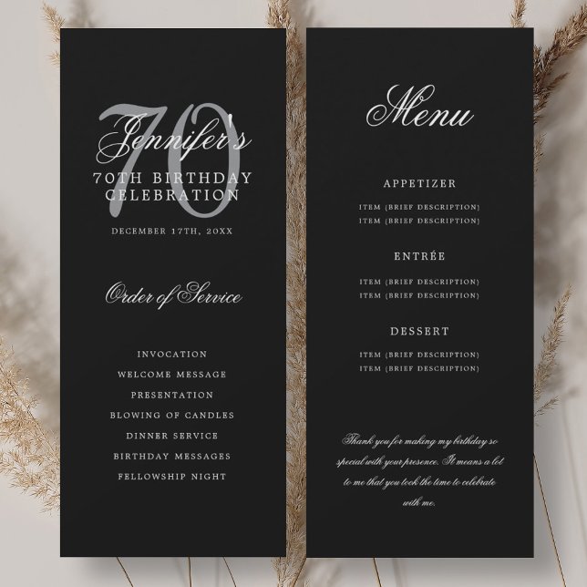 Programa 70 Elegante Menú Plateado Negro + Agradec (Elegant 70th Program Black Silver Menu+Thank You)