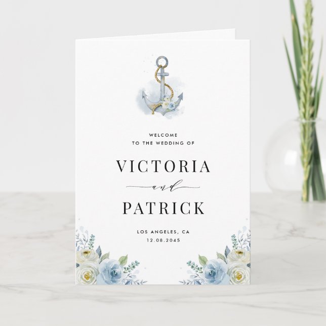 Programa Acuarela Azul Floral Ancla Boda Náutica (Anverso)