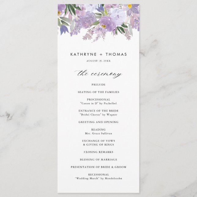 Programa Acuarela Dusty Purple Flowers Ceremony Boda (Anverso)