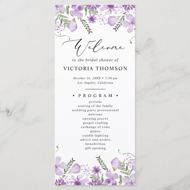 Programa Acuarela Morado Floral Bridal Shower Program (Anverso)