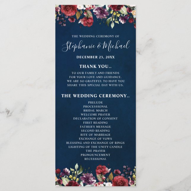 Programa Acuarela romántica borgoña Rosa floral de la Marin (Anverso)