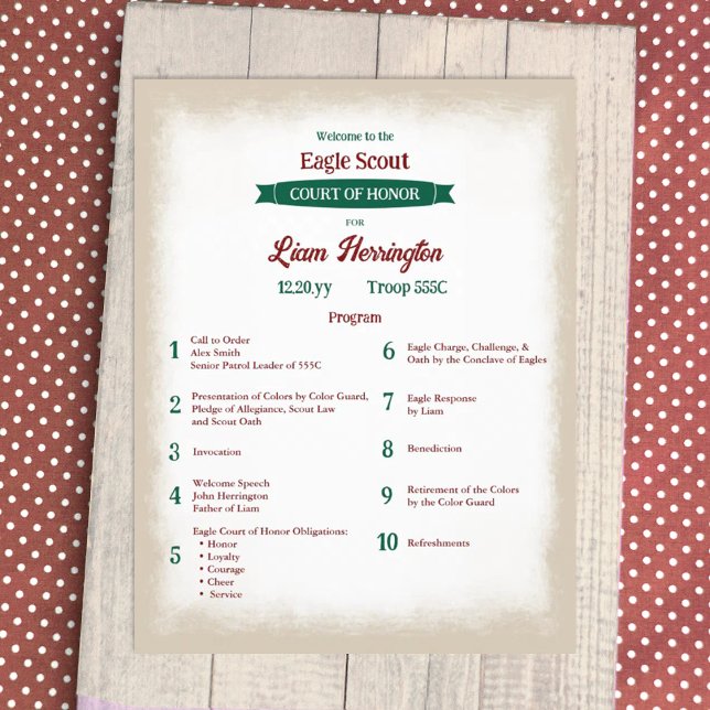 Programa Águila Verde Cazador y Burgundy (hunter green and burgundy eagle scout court of honor ceremony program)