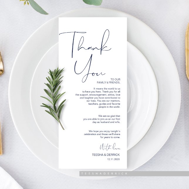 Programa Ajuste de lugar de guión mínimo de la marina graci (Minimalism Navy Blue Script Place Setting Thank You Card, for Wedding Elopement Dinner Plate Decor.)